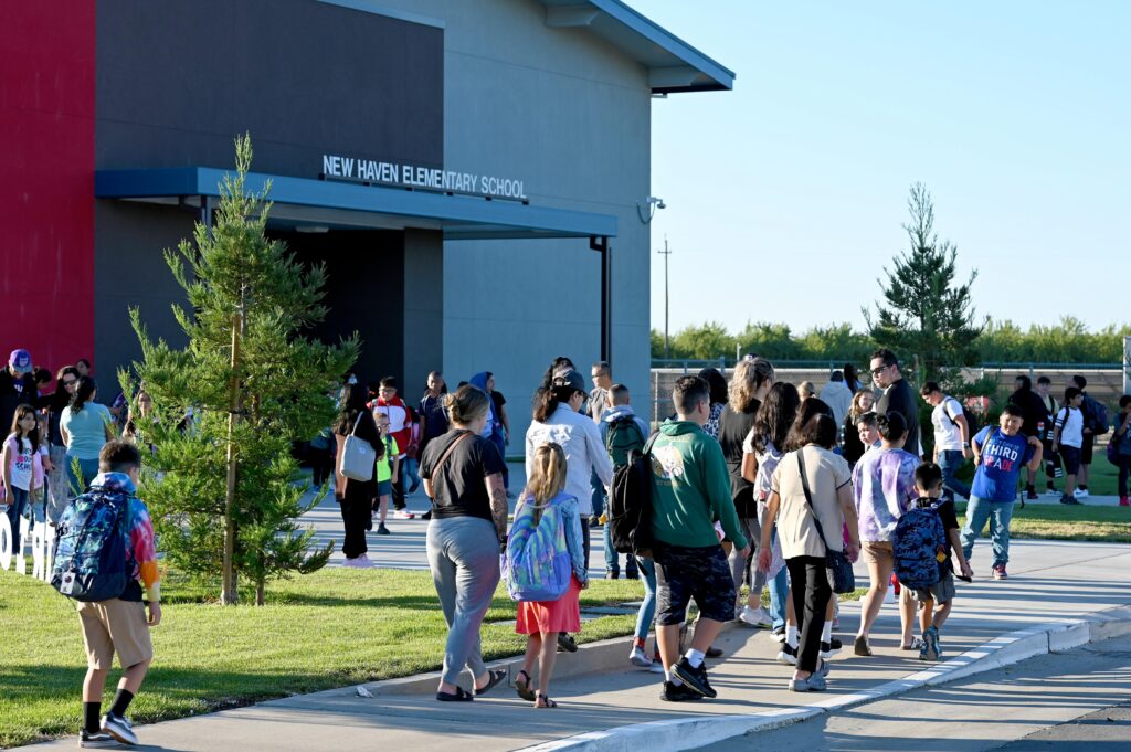 Children arrive safely at New Haven Elementary School in Manteca.