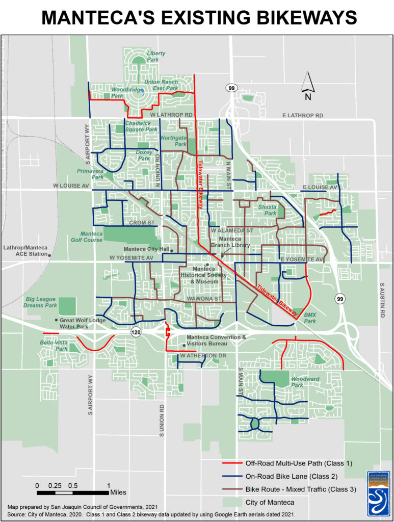 Map of Manteca Bike ways.  there are more than 197 Bike pats in the city.  here is a map if the Bike lanes in 2020.